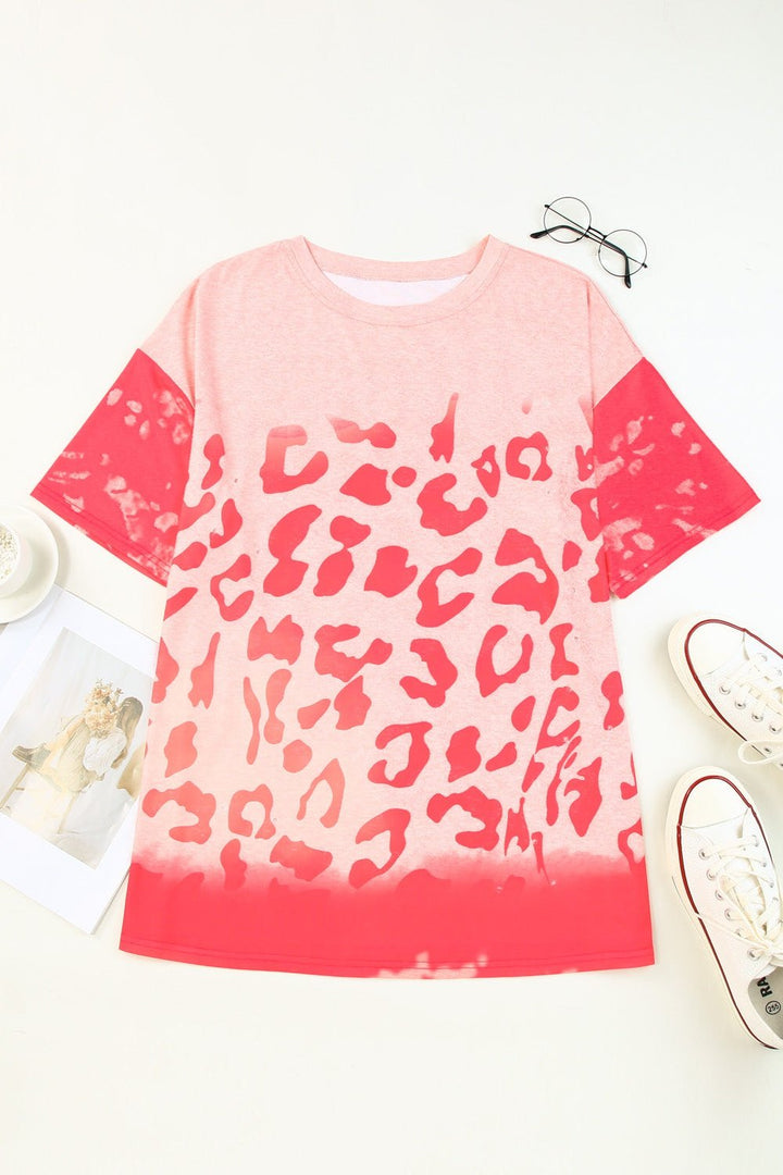 Leopard Round Neck Dropped Shoulder Long Tee - T-Shirts - FITGGINS
