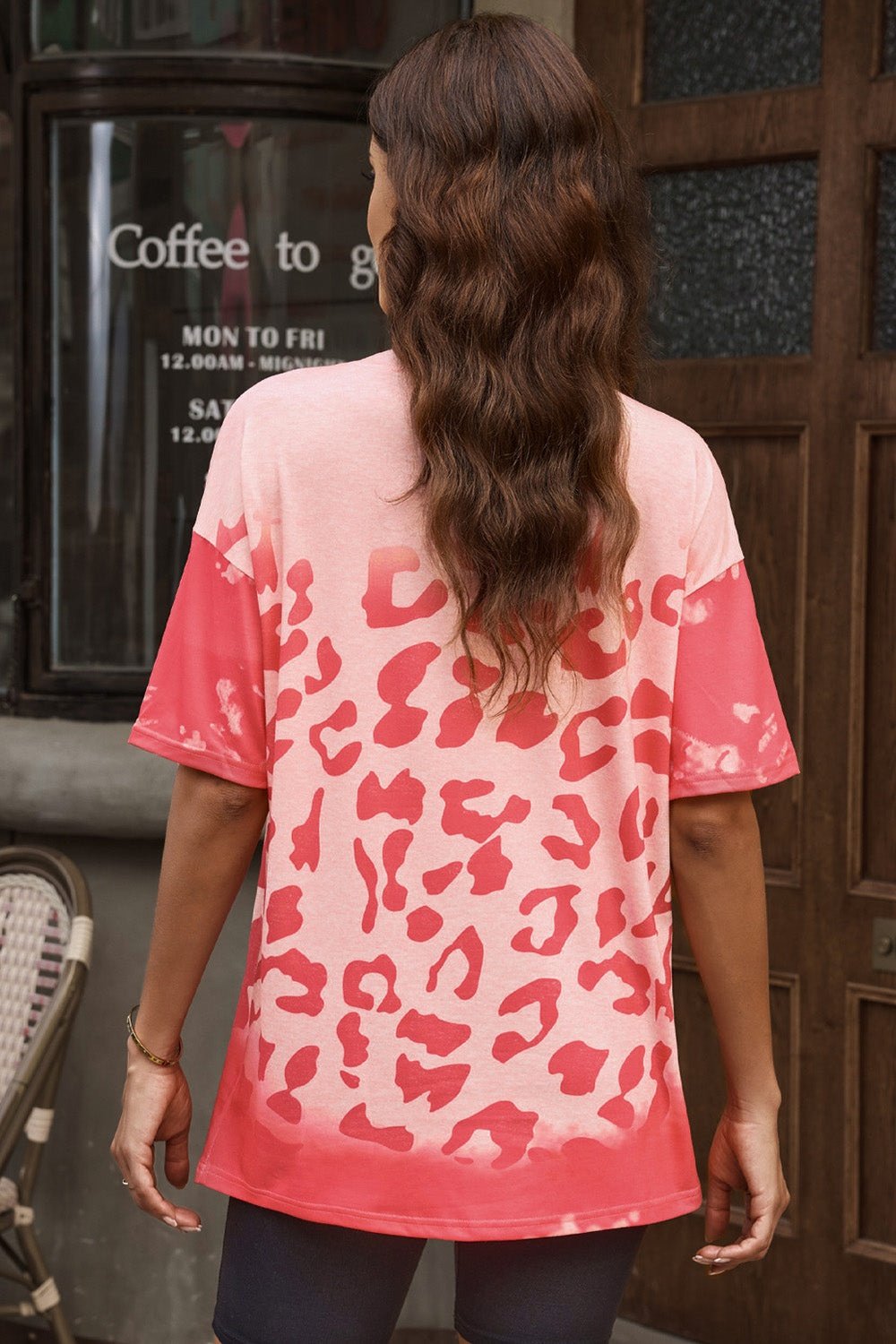 Leopard Round Neck Dropped Shoulder Long Tee - T-Shirts - FITGGINS