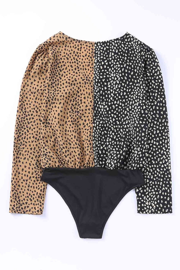 Leopard Surplice Neck Long Sleeve Bodysuit - Bodysuit - FITGGINS