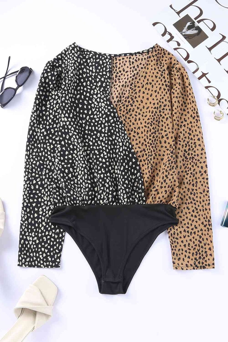 Leopard Surplice Neck Long Sleeve Bodysuit - Bodysuit - FITGGINS