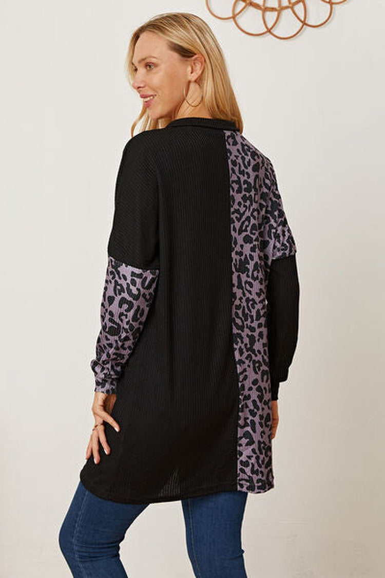 Leopard Waffle-Knit Buttoned Long Sleeve Blouse - Blouses - FITGGINS