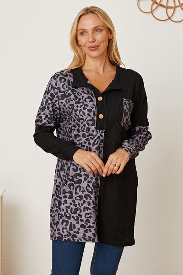 Leopard Waffle-Knit Buttoned Long Sleeve Blouse - Blouses - FITGGINS