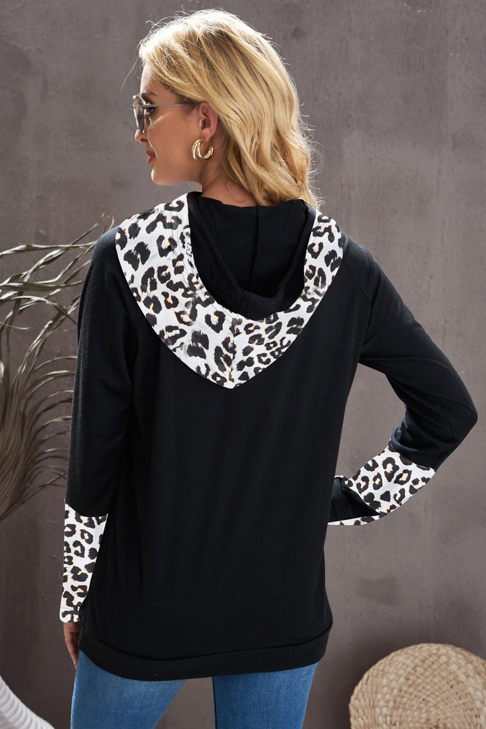 Leopard Zip Detail Drawstring Hoodie - Sweatshirts & Hoodies - FITGGINS