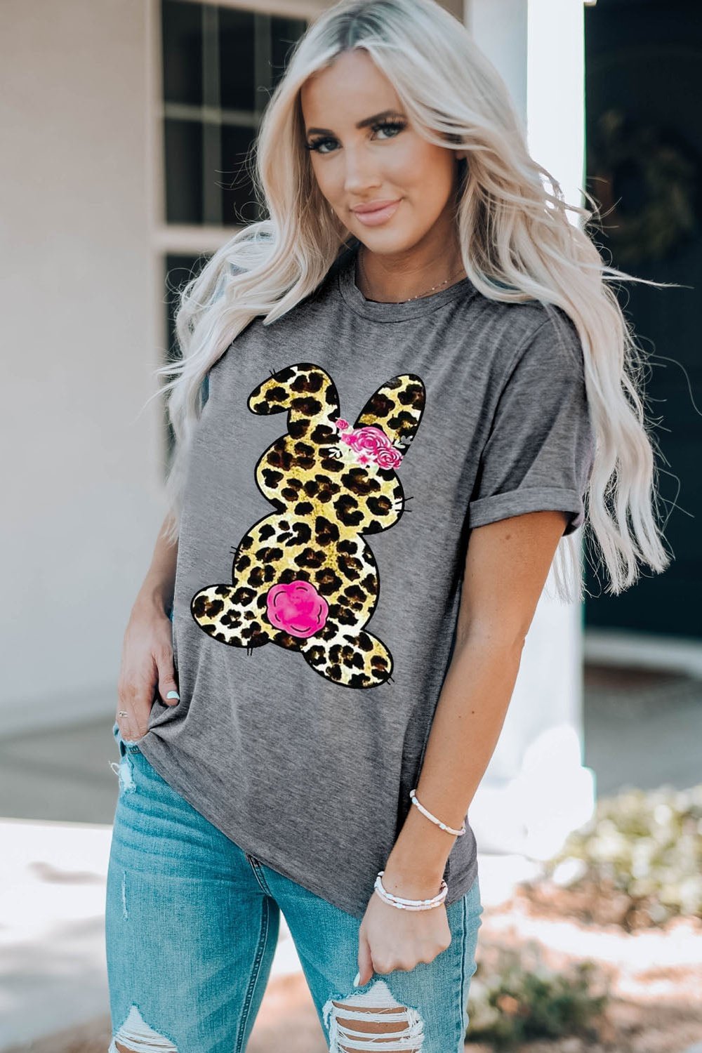 Leopard Bunny Graphic Cuffed Tee Shirt - T-Shirts - FITGGINS