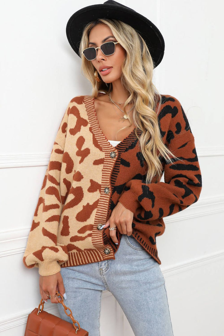 Leopard Button Front Ribbed Trim Cardigan - Cardigans - FITGGINS