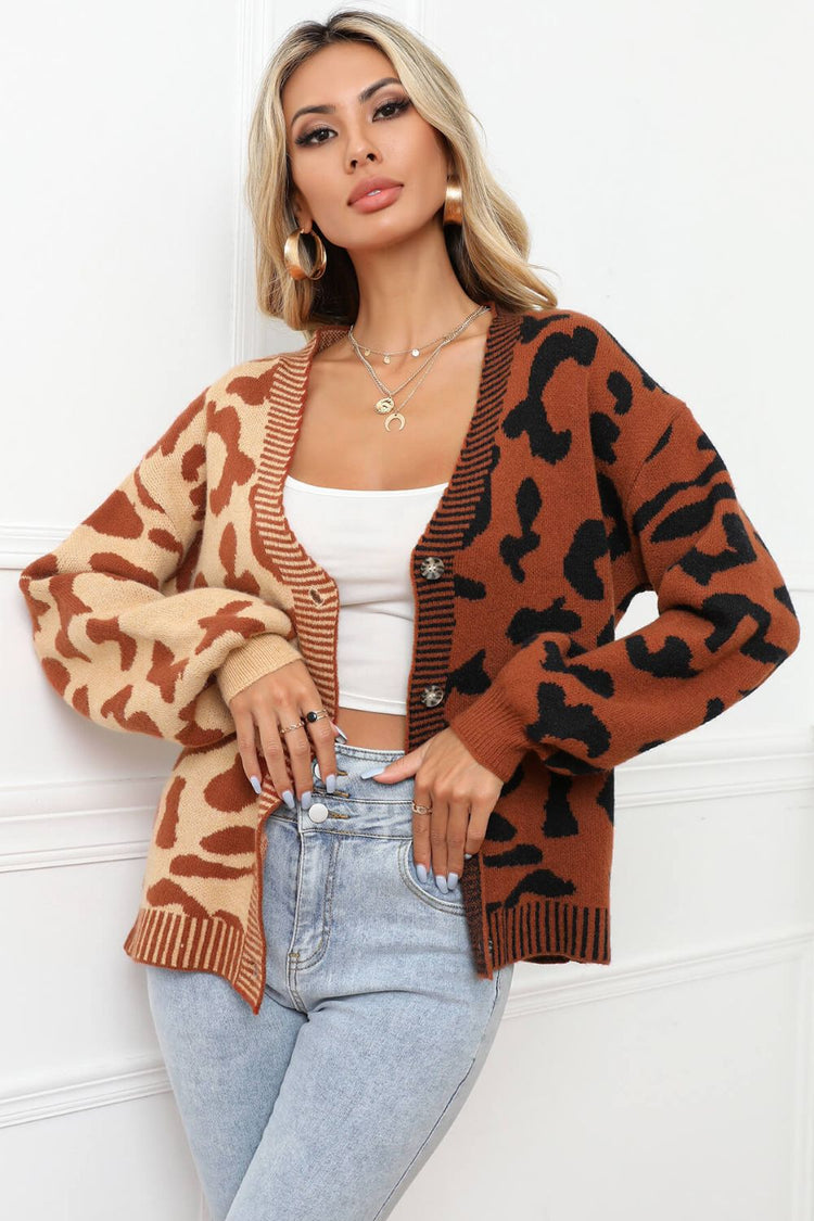 Leopard Button Front Ribbed Trim Cardigan - Cardigans - FITGGINS