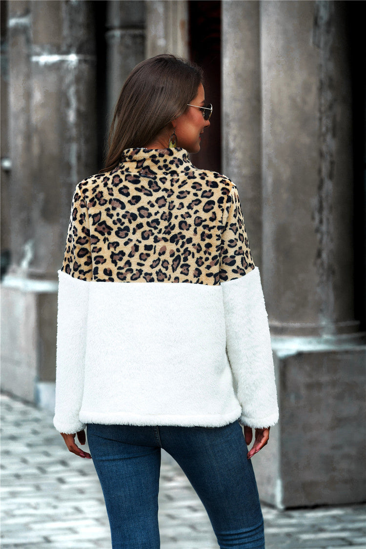 Leopard Color Block Half-Zip Collar Teddy Sweatshirt - Sweatshirts & Hoodies - FITGGINS