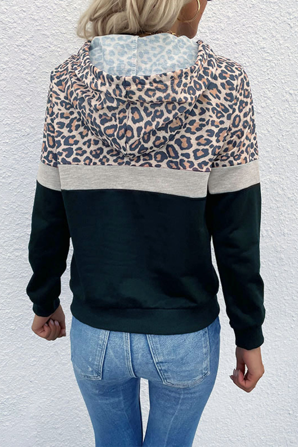 Leopard Color Block Long Sleeve Drawstring Hoodie - Sweatshirts & Hoodies - FITGGINS