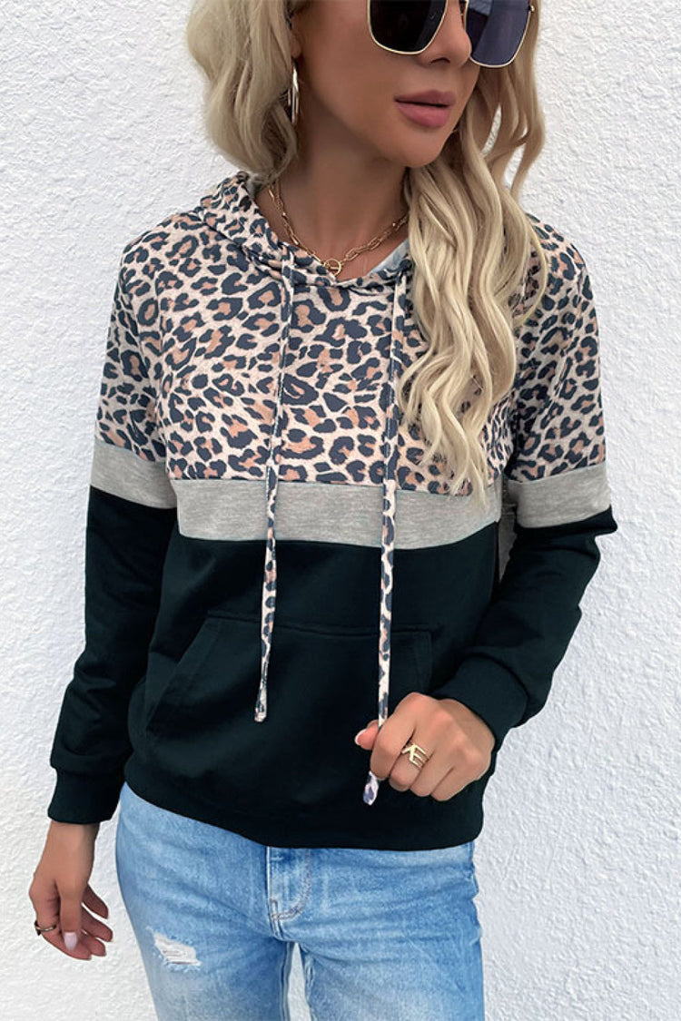 Leopard Color Block Long Sleeve Drawstring Hoodie - Sweatshirts & Hoodies - FITGGINS