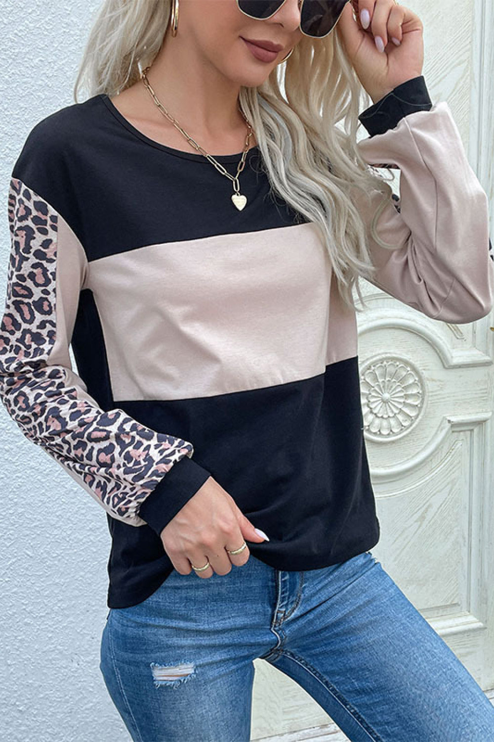 Leopard Color Block Long Sleeve Sweatshirt - Sweatshirts & Hoodies - FITGGINS