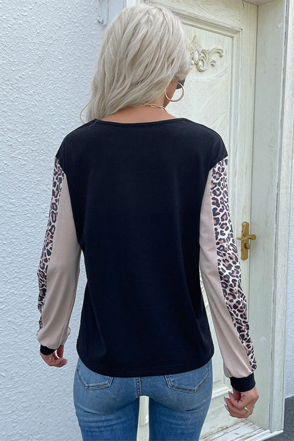 Leopard Color Block Long Sleeve Sweatshirt - Sweatshirts & Hoodies - FITGGINS