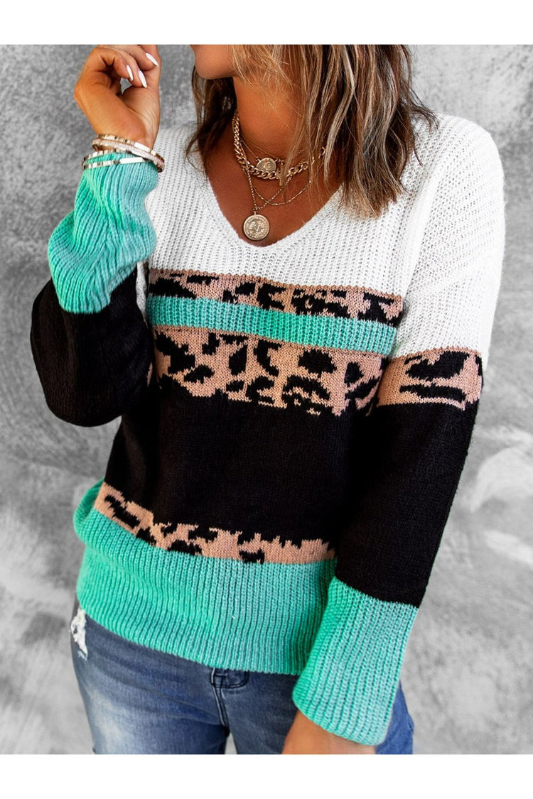 Leopard Color Block V-Neck Rib-Knit Sweater - Pullover Sweaters - FITGGINS