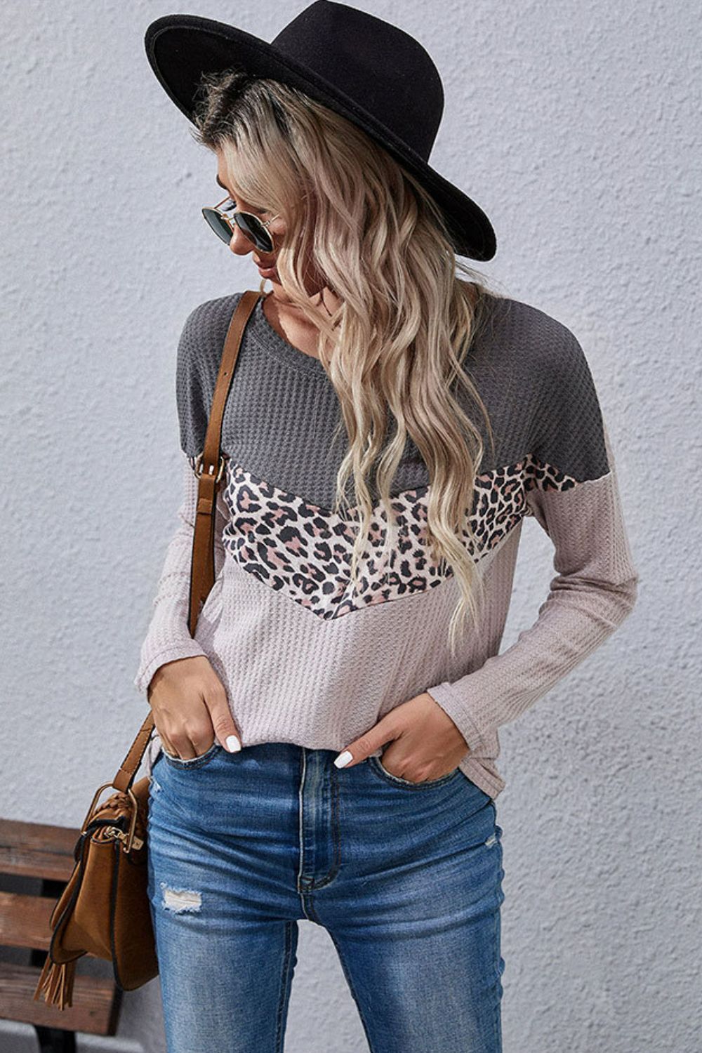Leopard Color Block Waffle-Knit Long Sleeve Top - T-Shirts - FITGGINS