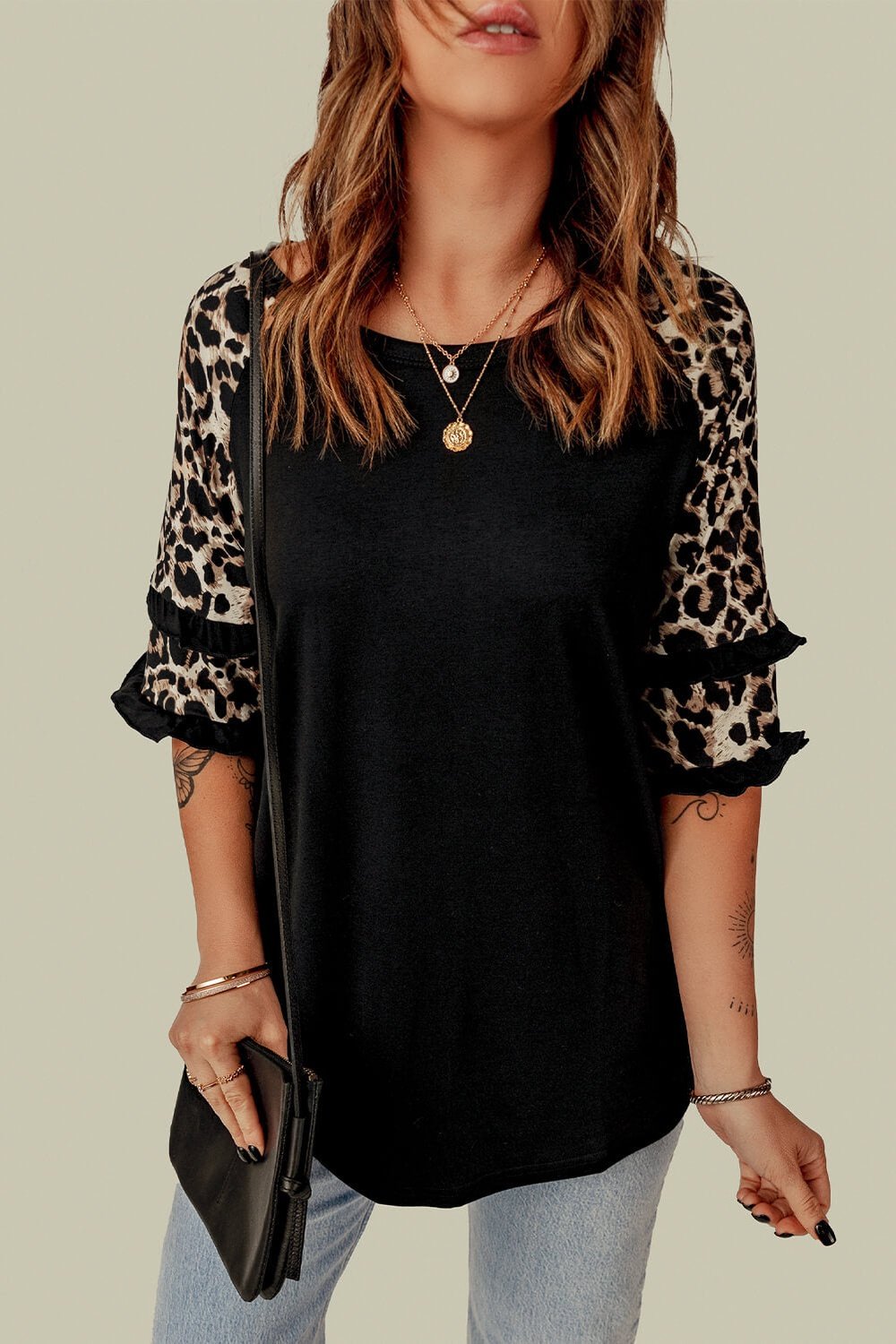 Leopard Contrast Ruffled Top - T-Shirts - FITGGINS