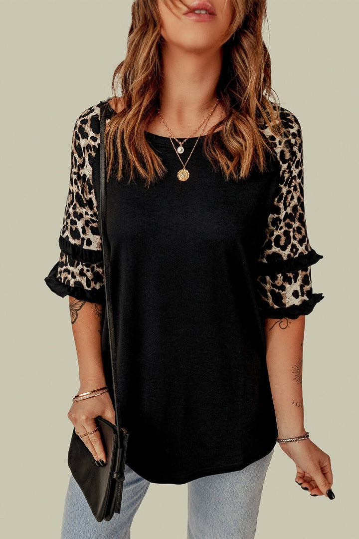 Leopard Contrast Ruffled Top - T-Shirts - FITGGINS