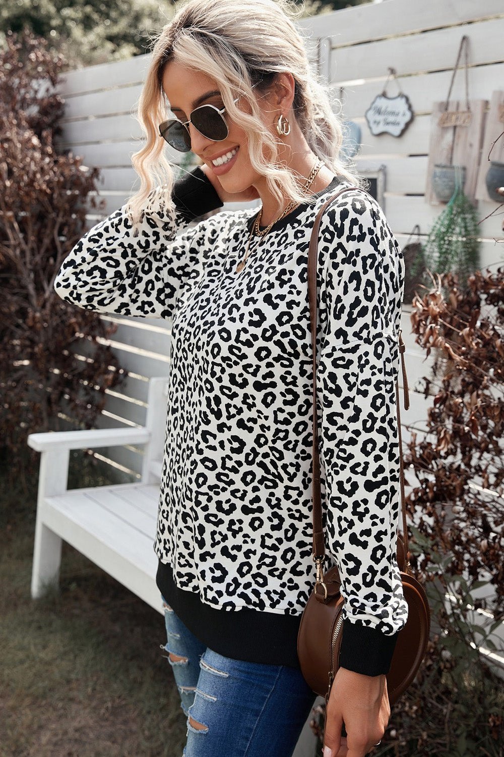 Leopard Contrast Trim Side Slit Sweatshirt - Sweatshirts & Hoodies - FITGGINS