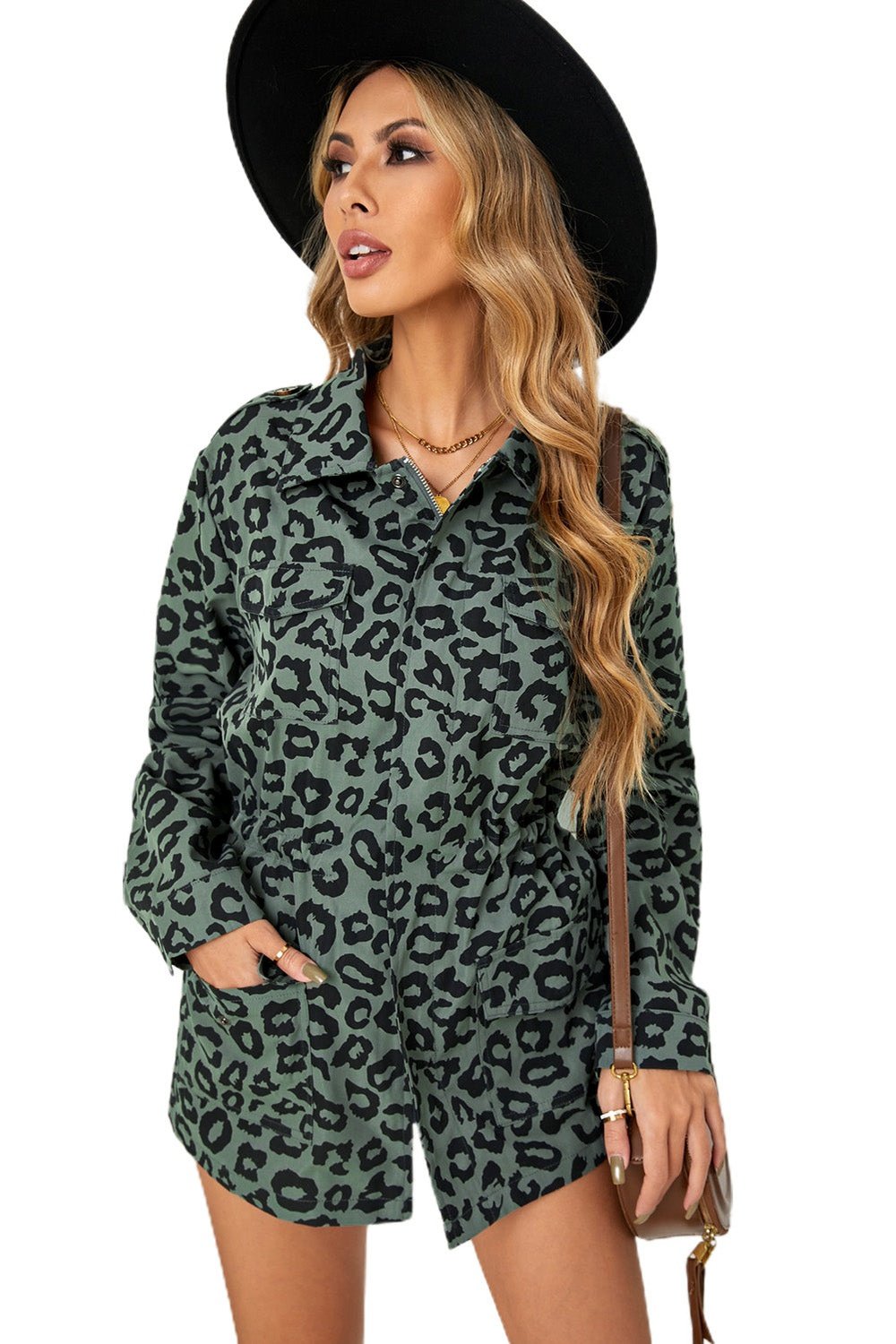 Leopard Drawstring Waist Jacket with Pockets - Jackets - FITGGINS