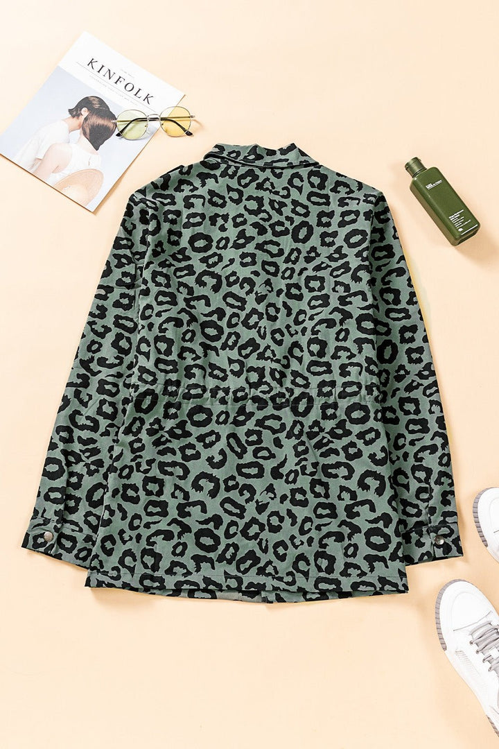 Leopard Drawstring Waist Jacket with Pockets - Jackets - FITGGINS