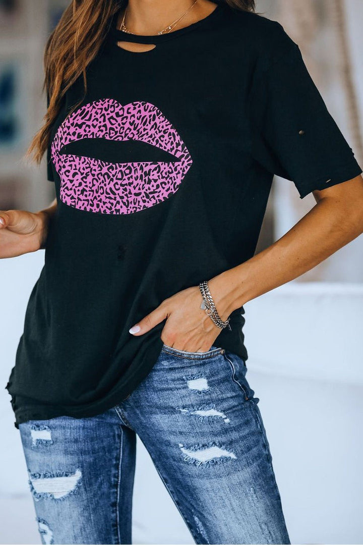 Leopard Lip Distressed T-Shirt - T-Shirts - FITGGINS