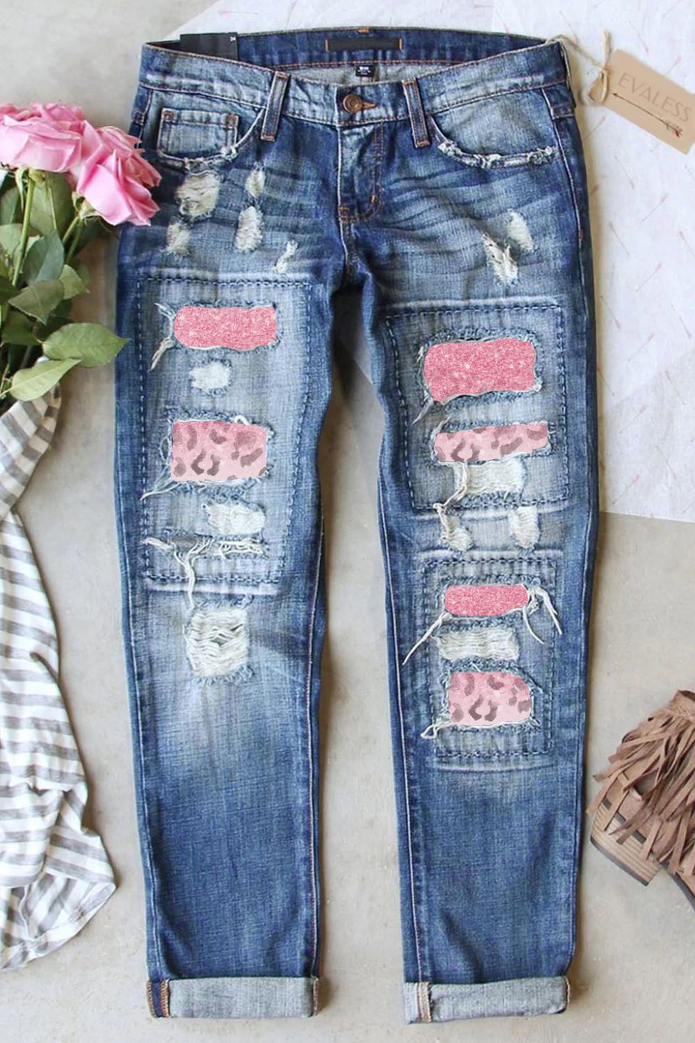 Leopard Patch Distressed Straight Leg Jeans - Jeans - FITGGINS