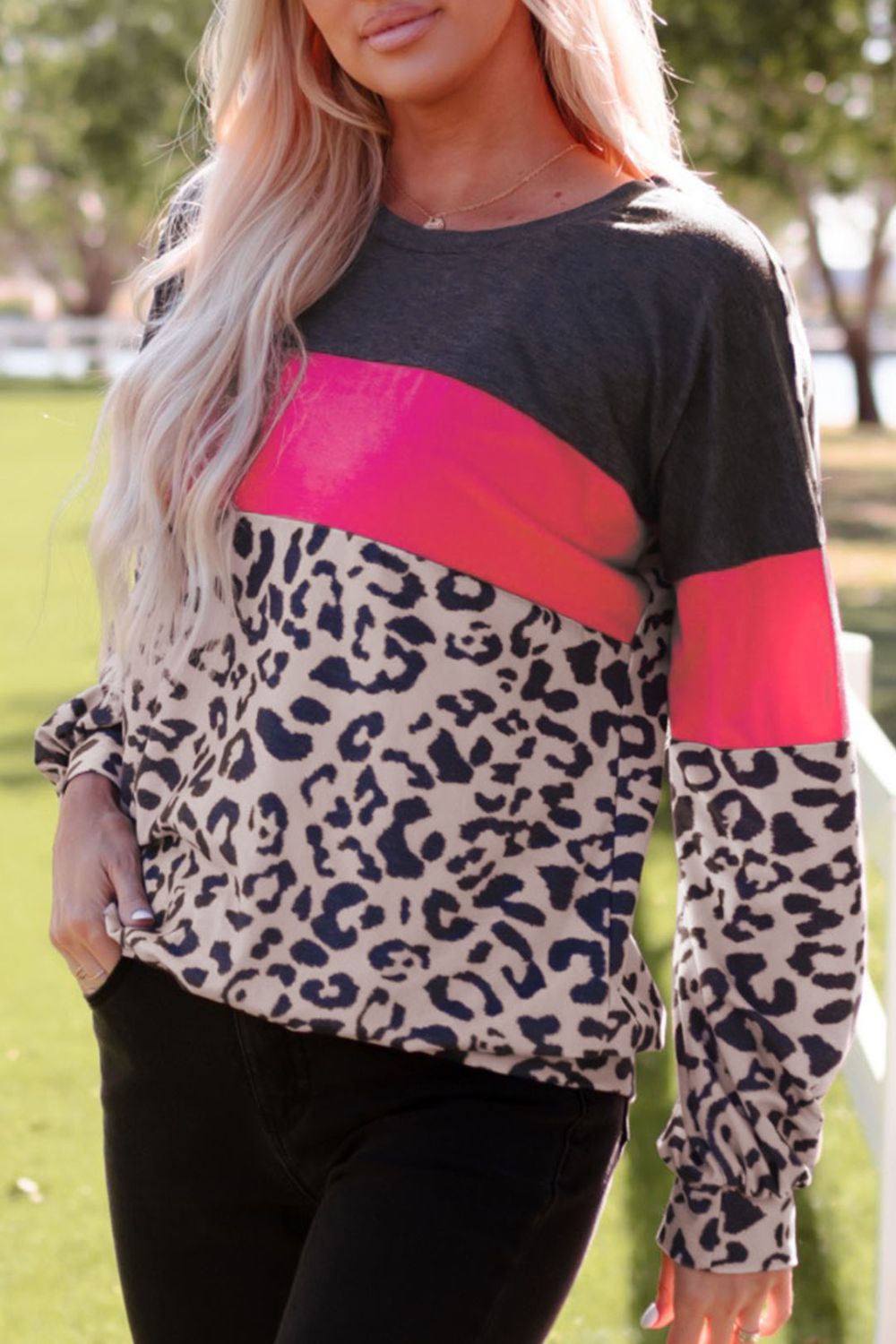 Leopard Print Color Block Long-Sleeve Top - Sweatshirts & Hoodies - FITGGINS
