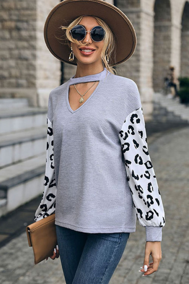 Leopard Print Cutout Long Sleeve Tee - T-Shirts - FITGGINS