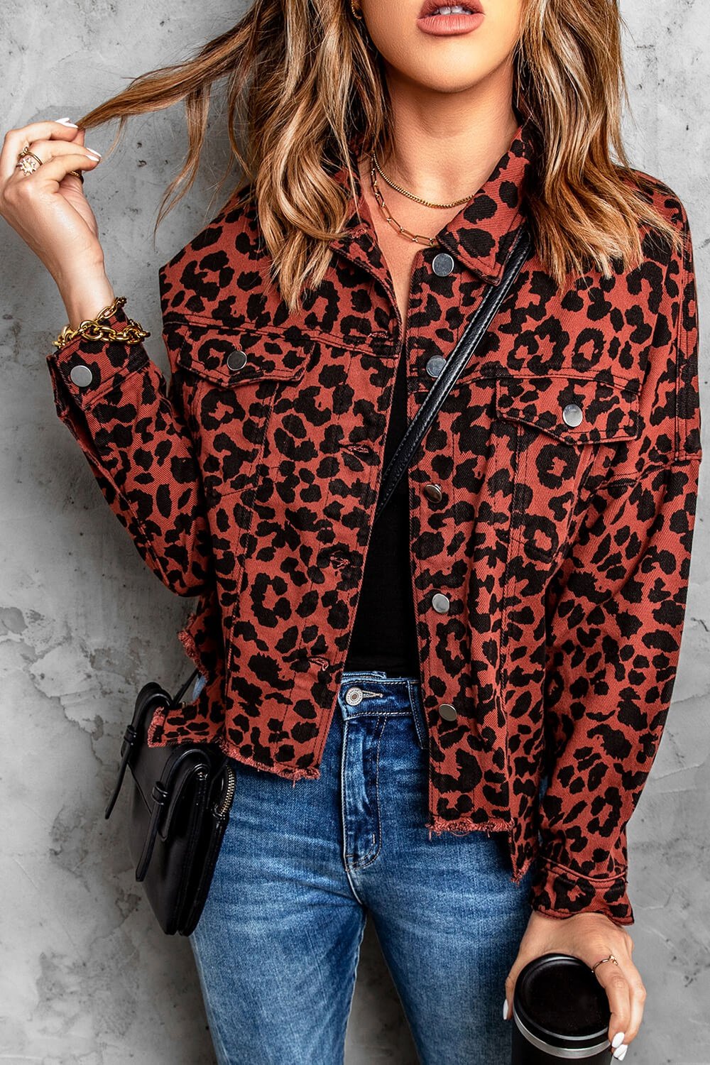 Leopard Print Raw Hem Jacket - Jackets - FITGGINS