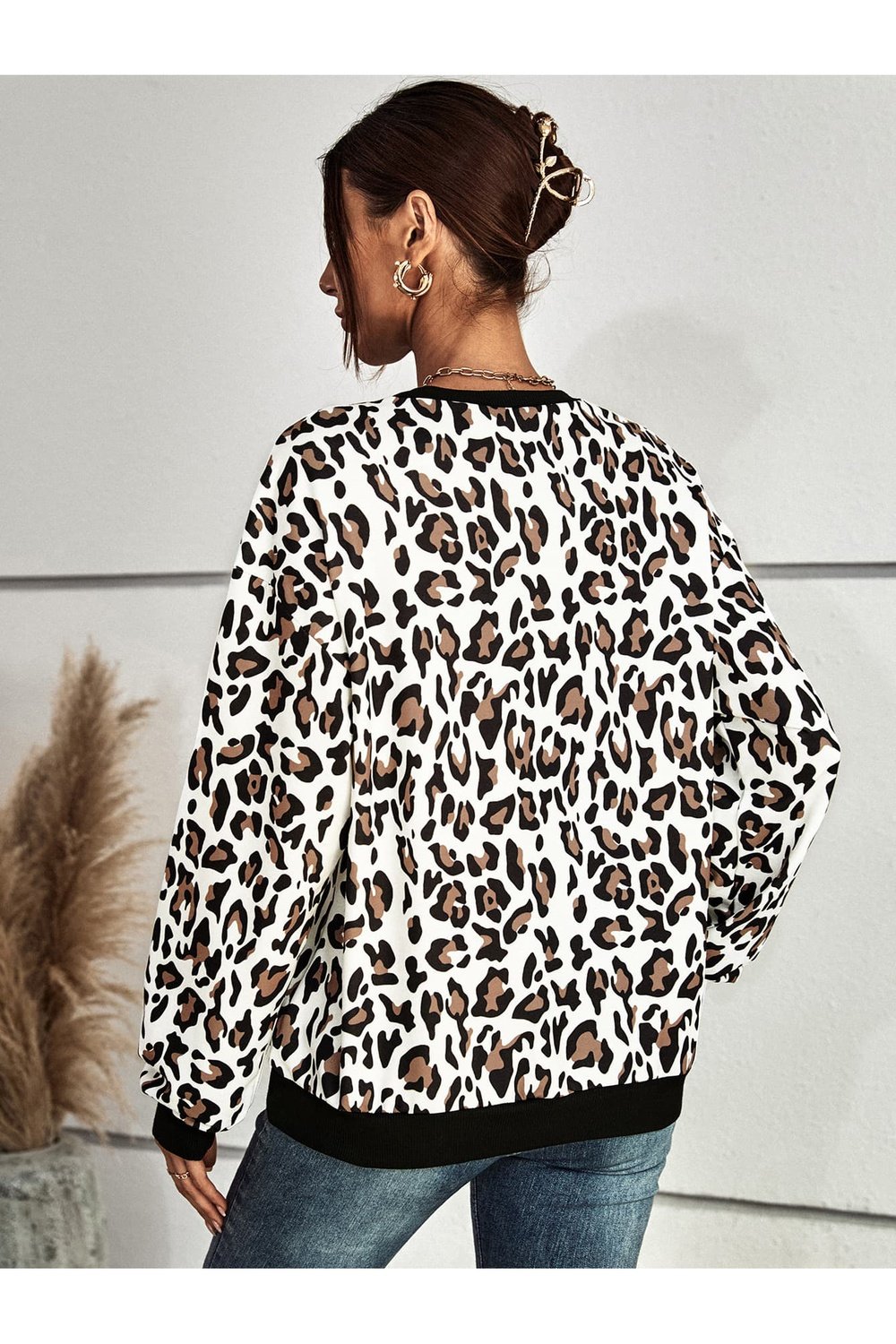 Leopard Round Neck Dropped Shoulder Sweatshirt - Sweatshirts & Hoodies - FITGGINS