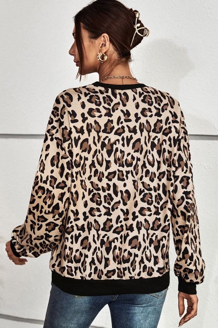 Leopard Round Neck Dropped Shoulder Sweatshirt