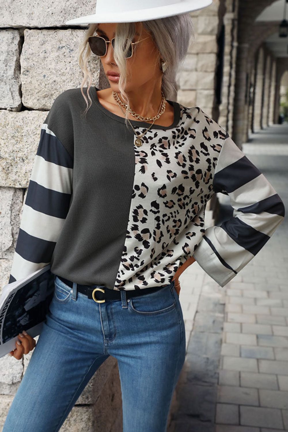 Leopard Striped Round Neck Long Sleeve Tee - T-Shirts - FITGGINS