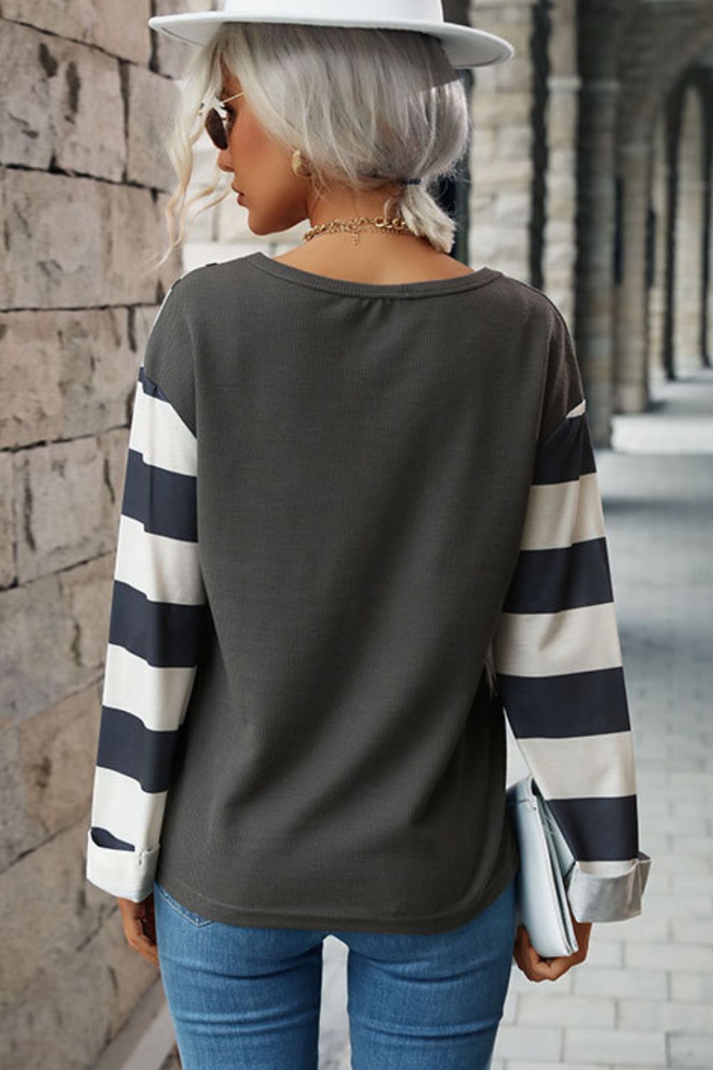 Leopard Striped Round Neck Long Sleeve Tee - T-Shirts - FITGGINS
