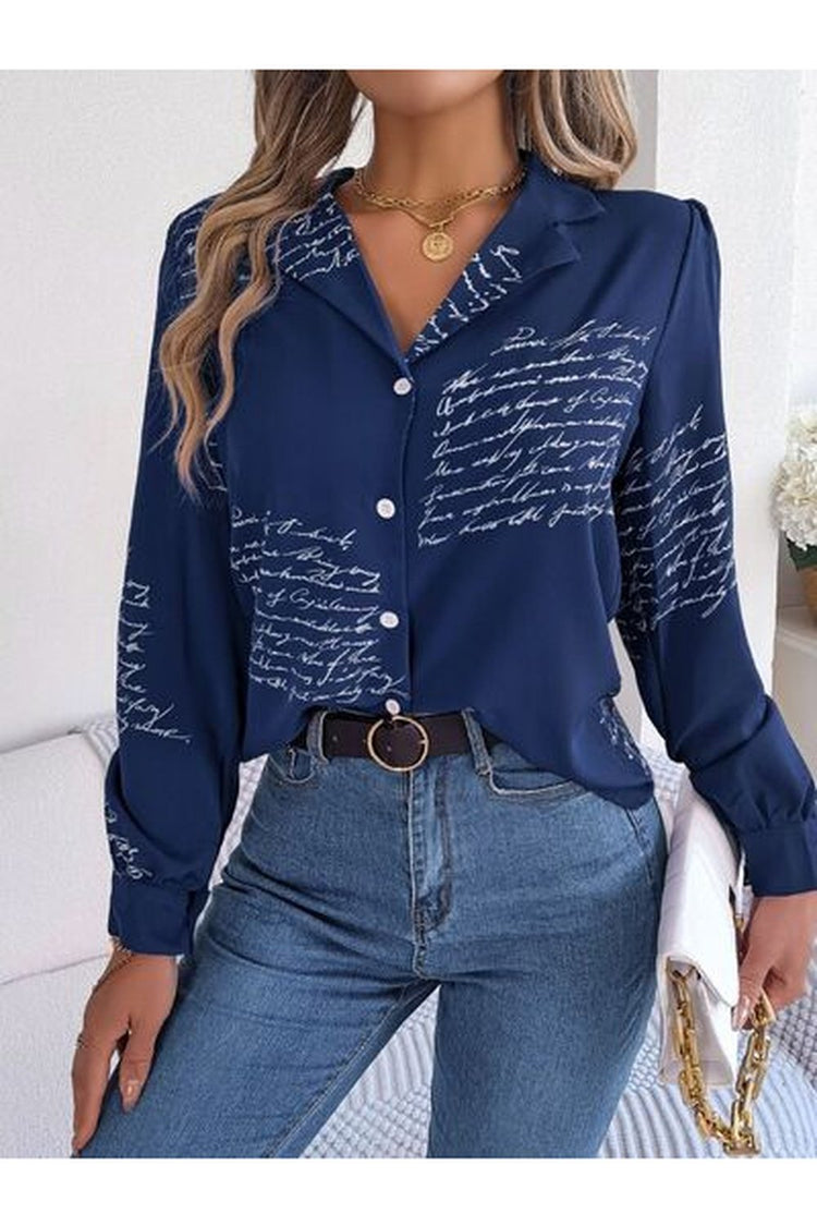 Letter Printed Button Up Long Sleeve Blouse - Blouses - FITGGINS