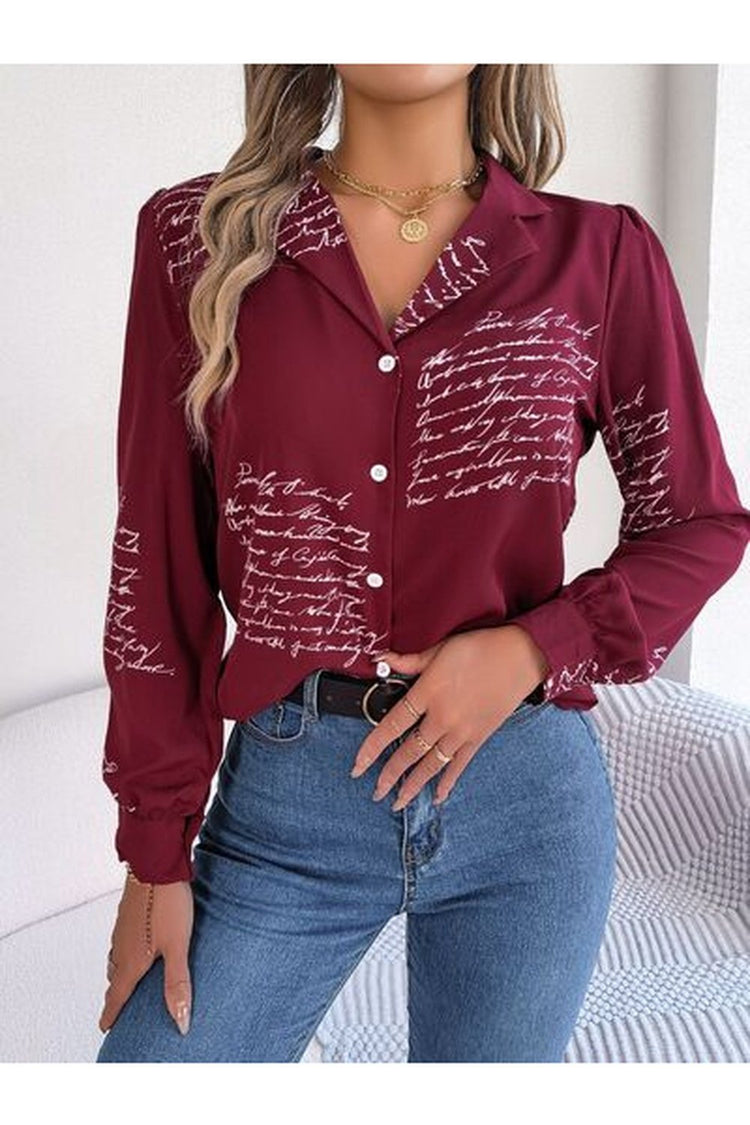 Letter Printed Button Up Long Sleeve Blouse - Blouses - FITGGINS