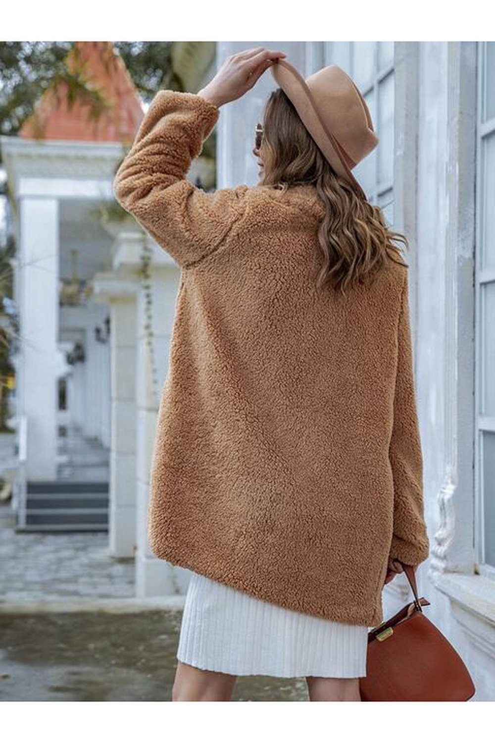 Long Sleeve Teddy Coat with Pockets - Jackets - FITGGINS