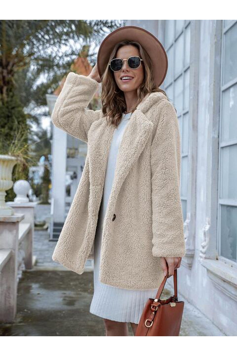 Long Sleeve Teddy Coat with Pockets - Jackets - FITGGINS