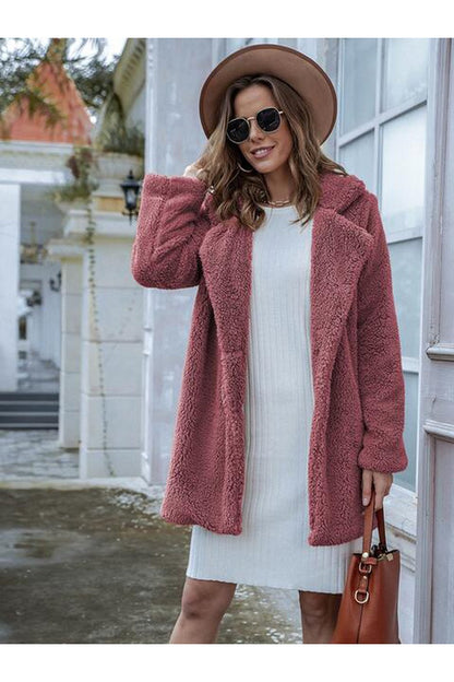 Long Sleeve Teddy Coat with Pockets - Jackets - FITGGINS