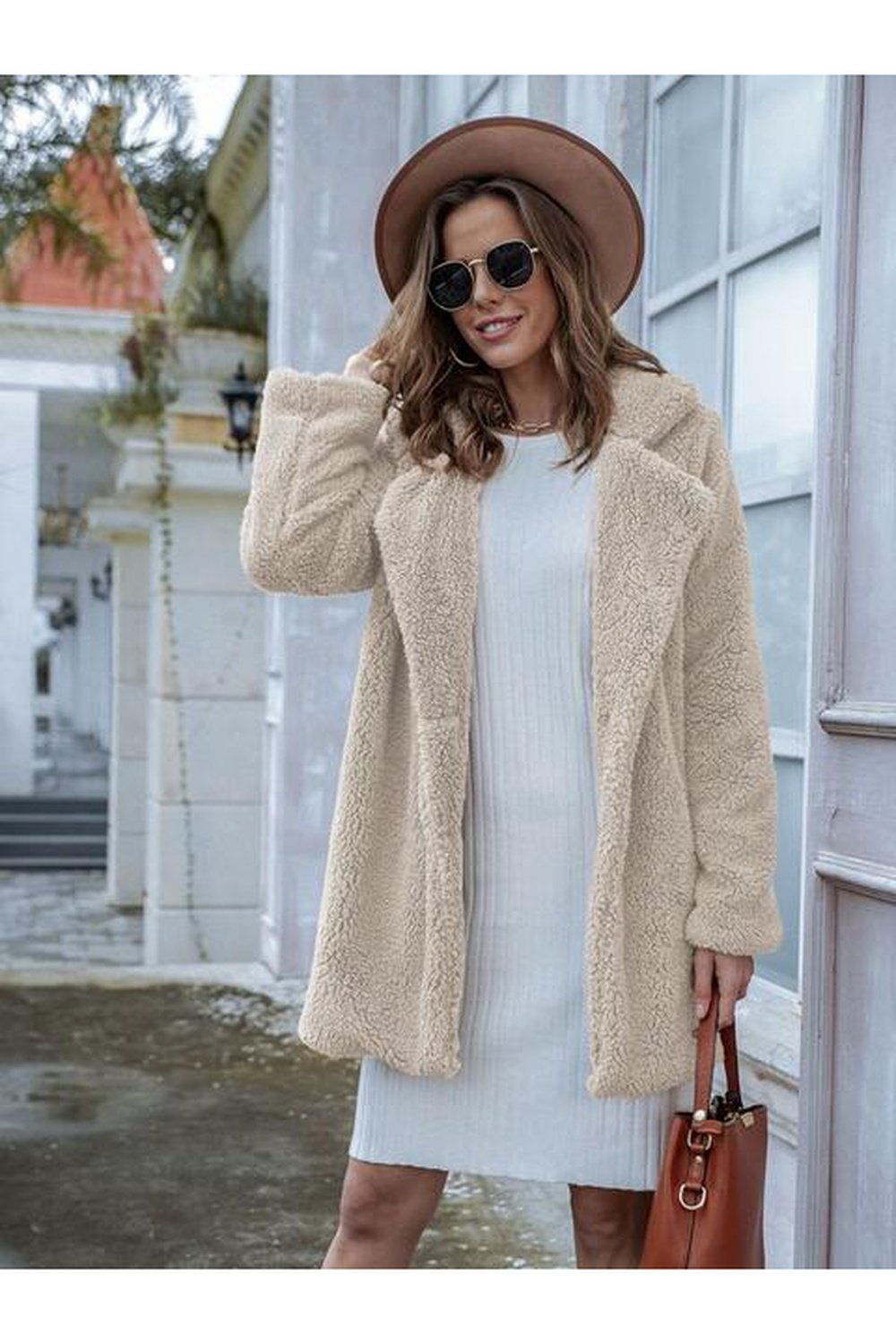 Long Sleeve Teddy Coat with Pockets - Jackets - FITGGINS