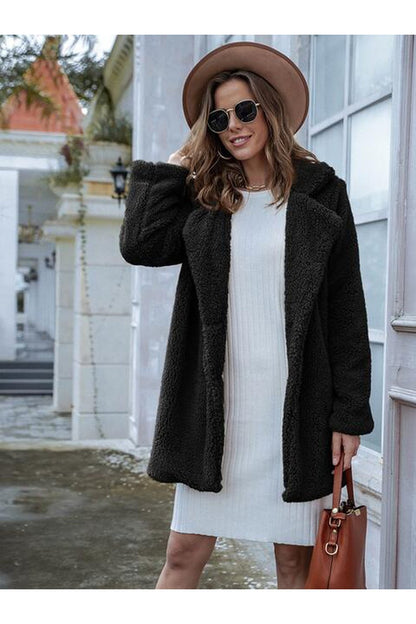 Long Sleeve Teddy Coat with Pockets - Jackets - FITGGINS