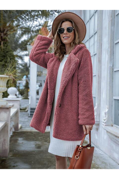 Long Sleeve Teddy Coat with Pockets - Jackets - FITGGINS