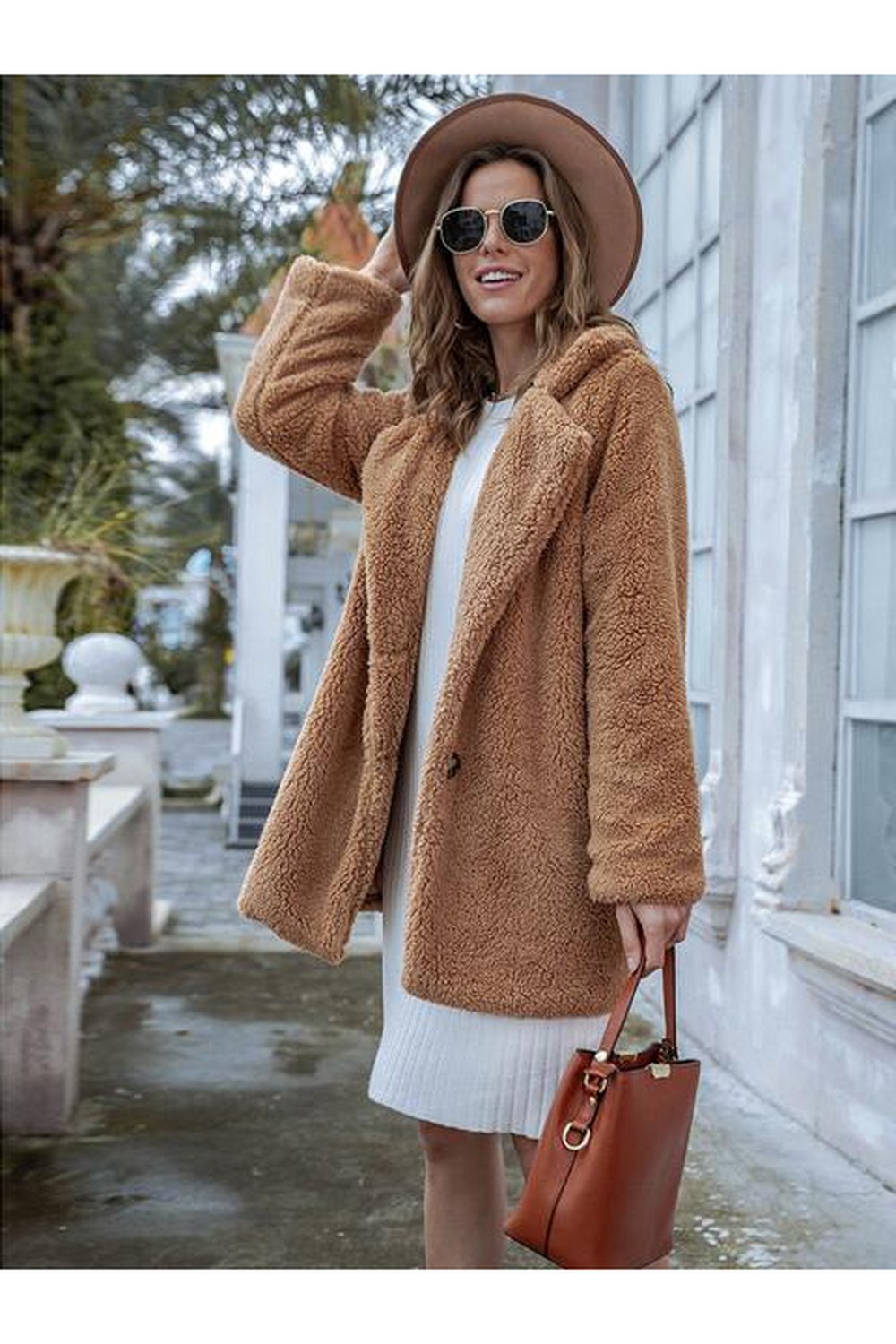 Long Sleeve Teddy Coat with Pockets - Jackets - FITGGINS