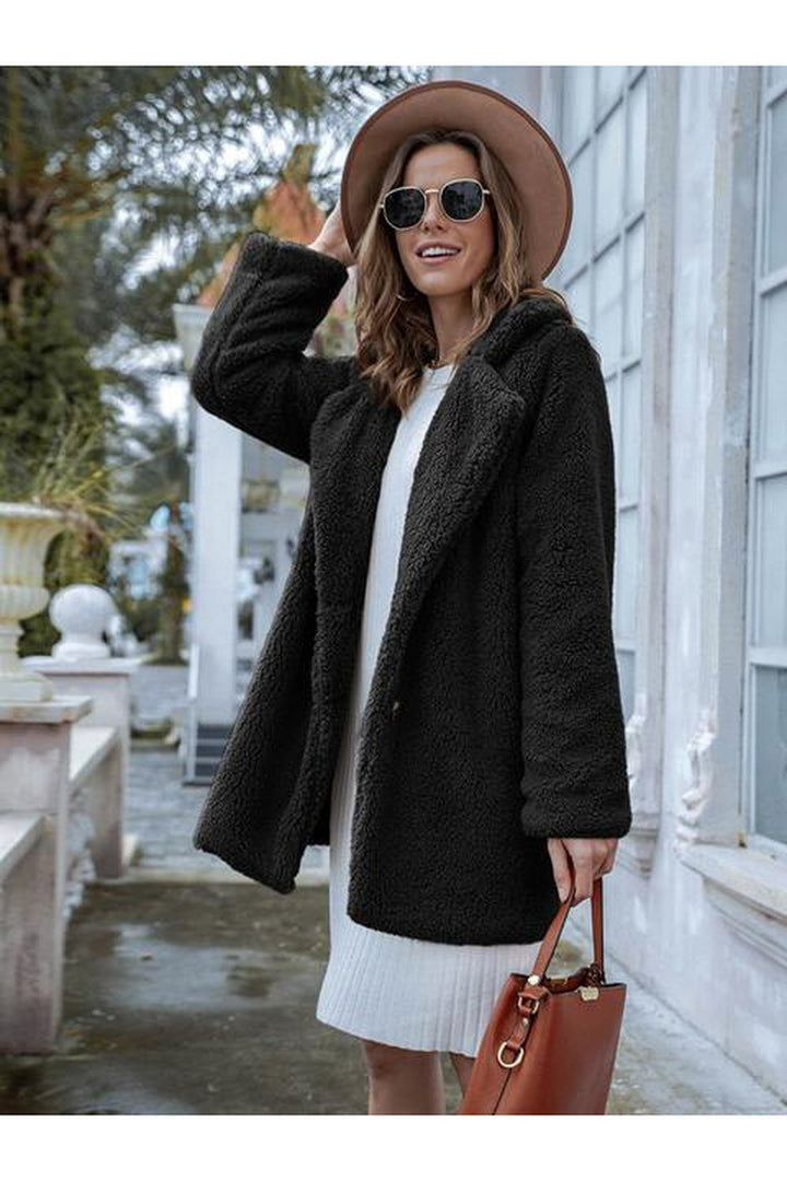 Long Sleeve Teddy Coat with Pockets - Jackets - FITGGINS