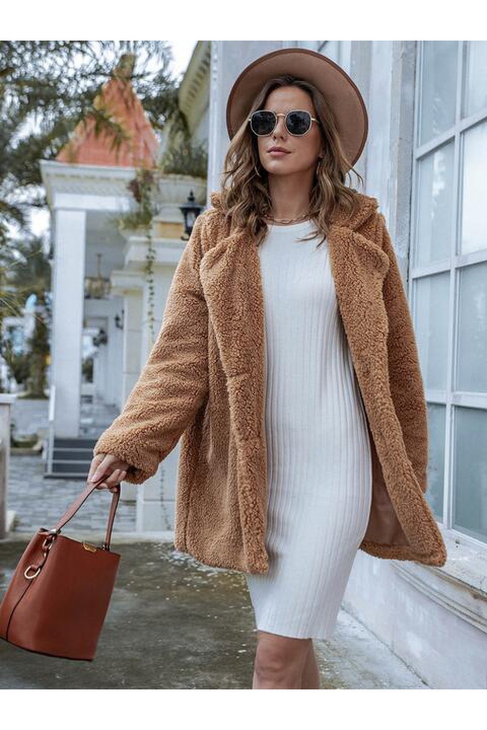 Long Sleeve Teddy Coat with Pockets - Jackets - FITGGINS