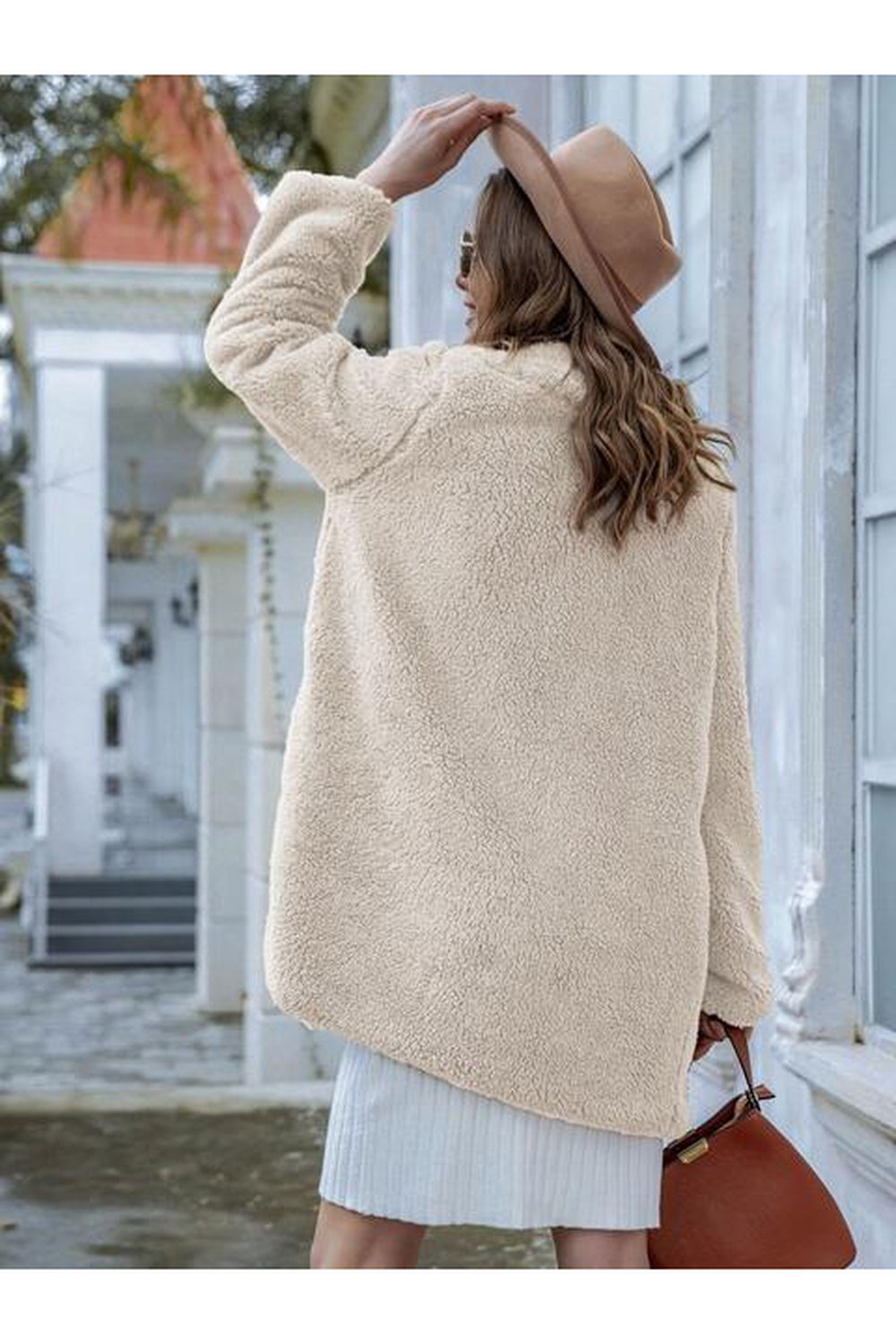 Long Sleeve Teddy Coat with Pockets - Jackets - FITGGINS