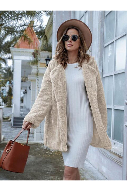 Long Sleeve Teddy Coat with Pockets - Jackets - FITGGINS