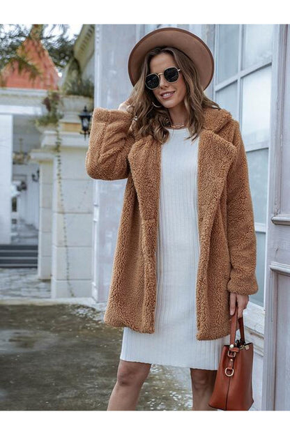 Long Sleeve Teddy Coat with Pockets - Jackets - FITGGINS