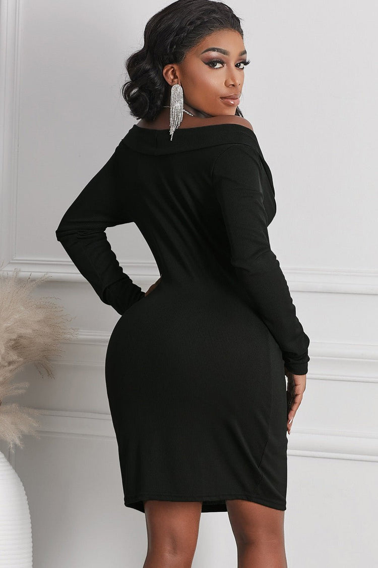 Long Sleeve Plunge Ribbed Bodycon Dress - Cocktail Dresses - FITGGINS