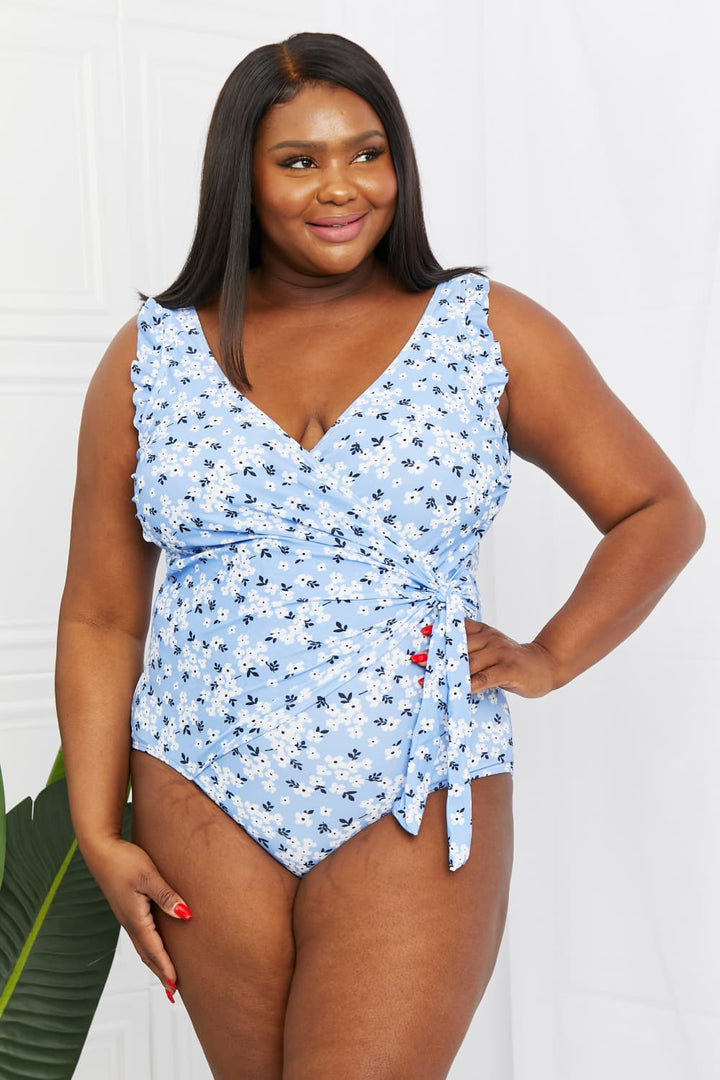 Marina West Swim Full Size Float On Ruffle Faux Wrap One-Piece in Blossom Blue - Swimwear One-Pieces - FITGGINS