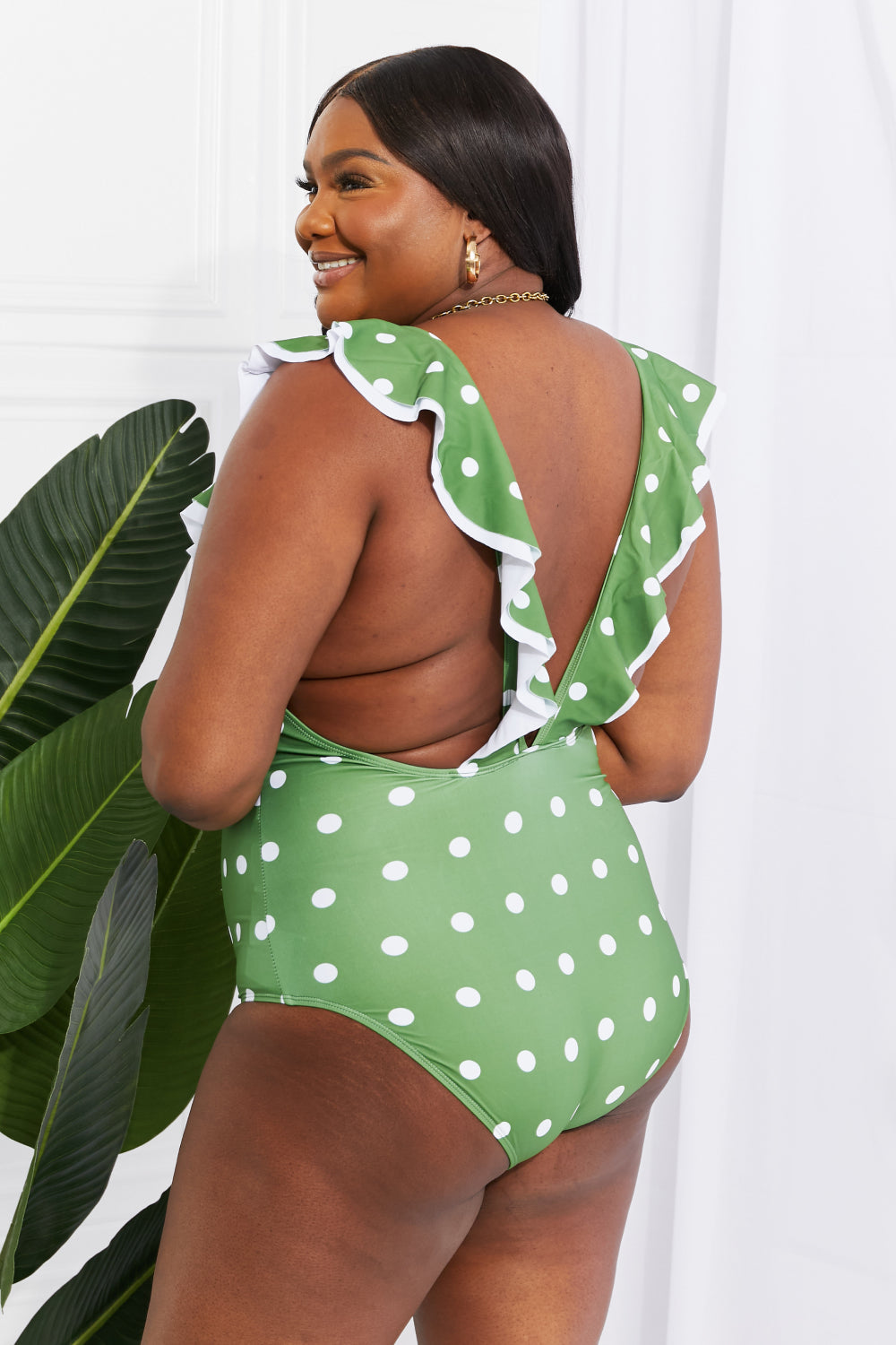 Marina West Swim Moonlit Dip Ruffle Plunge Swimsuit in Mid Green - Swimwear One-Pieces - FITGGINS