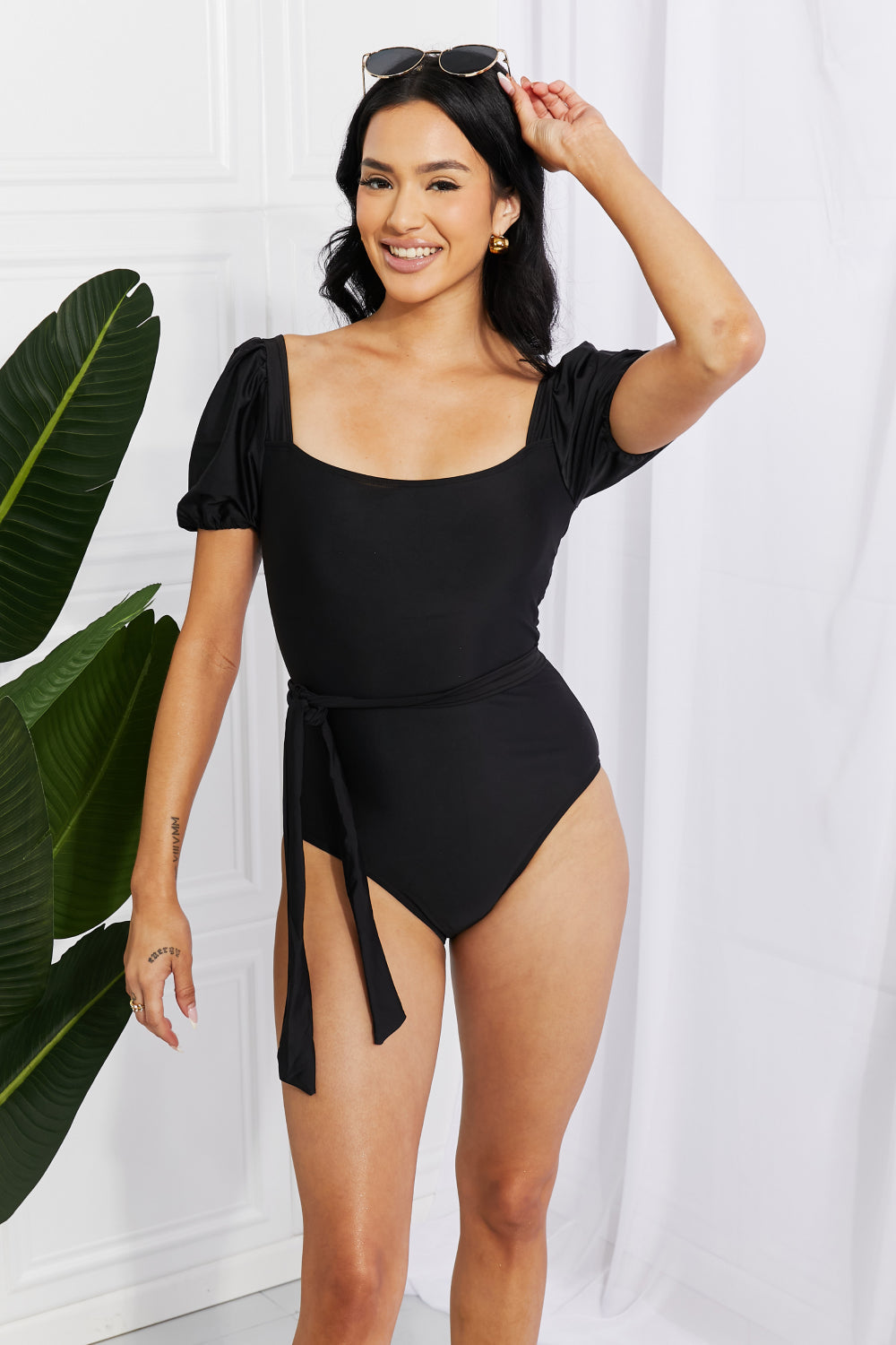 Marina West Swim Salty Air Puff Sleeve One-Piece in Black - Swimwear One-Pieces - FITGGINS