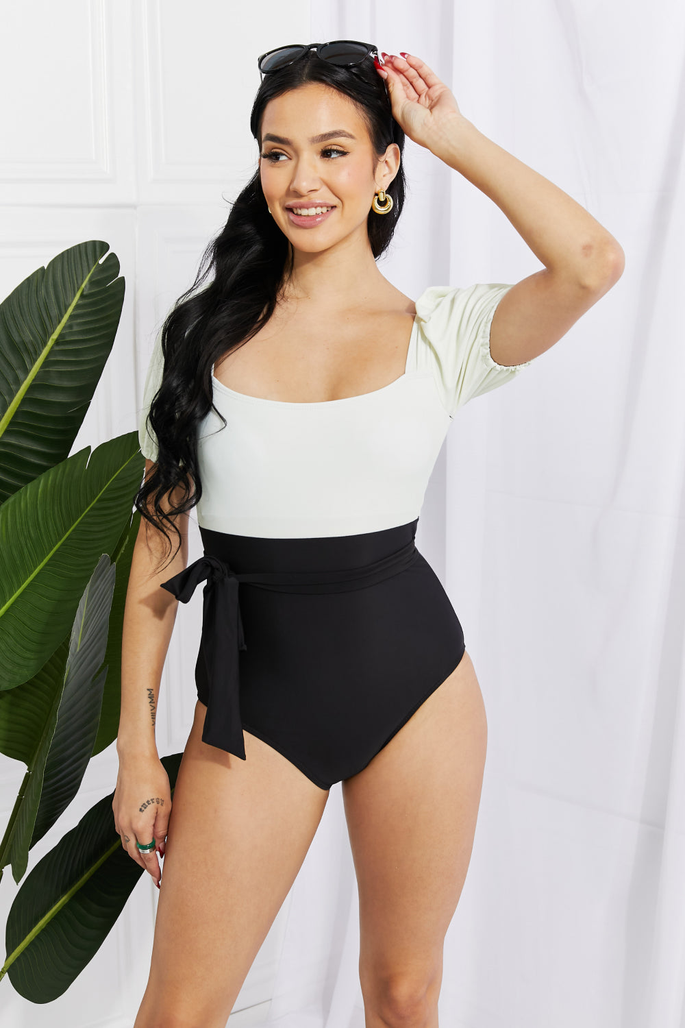 Marina West Swim Salty Air Puff Sleeve One-Piece in Cream/Black - Swimwear One-Pieces - FITGGINS